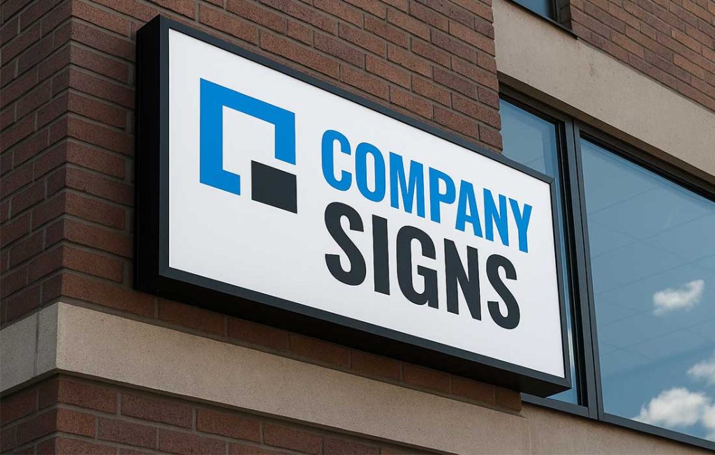 Modern company building exterior with large aluminum business sign reading Company Signs mounted on brick wall in daylight