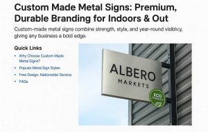 Brushed aluminum custom metal sign reading Albero Markets mounted on modern building exterior in daylight with Eco-Friendly badge