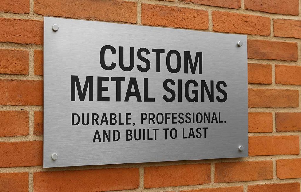 Custom metal sign mounted on a brick wall with brushed aluminum finish and engraved lettering