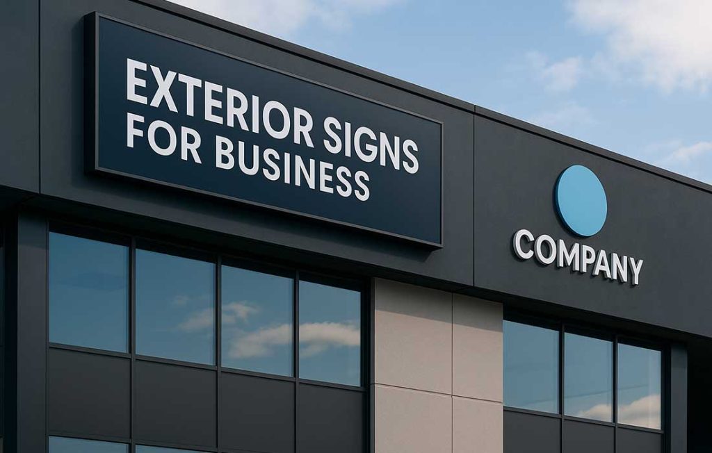 Modern business building exterior with large outdoor sign reading Exterior Signs for Business mounted above glass windows in daylight
