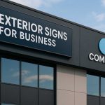 Modern business building exterior with large outdoor sign reading Exterior Signs for Business mounted above glass windows in daylight