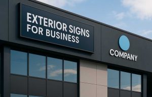 Modern business building exterior with large outdoor sign reading Exterior Signs for Business mounted above glass windows in daylight