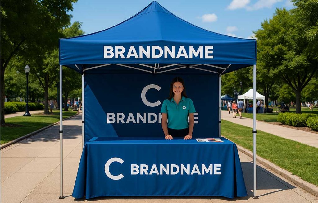 Branded pop-up tent canopy at outdoor marketing event with company logo and table setup under sunny sky