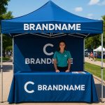 Branded pop-up tent canopy at outdoor marketing event with company logo and table setup under sunny sky