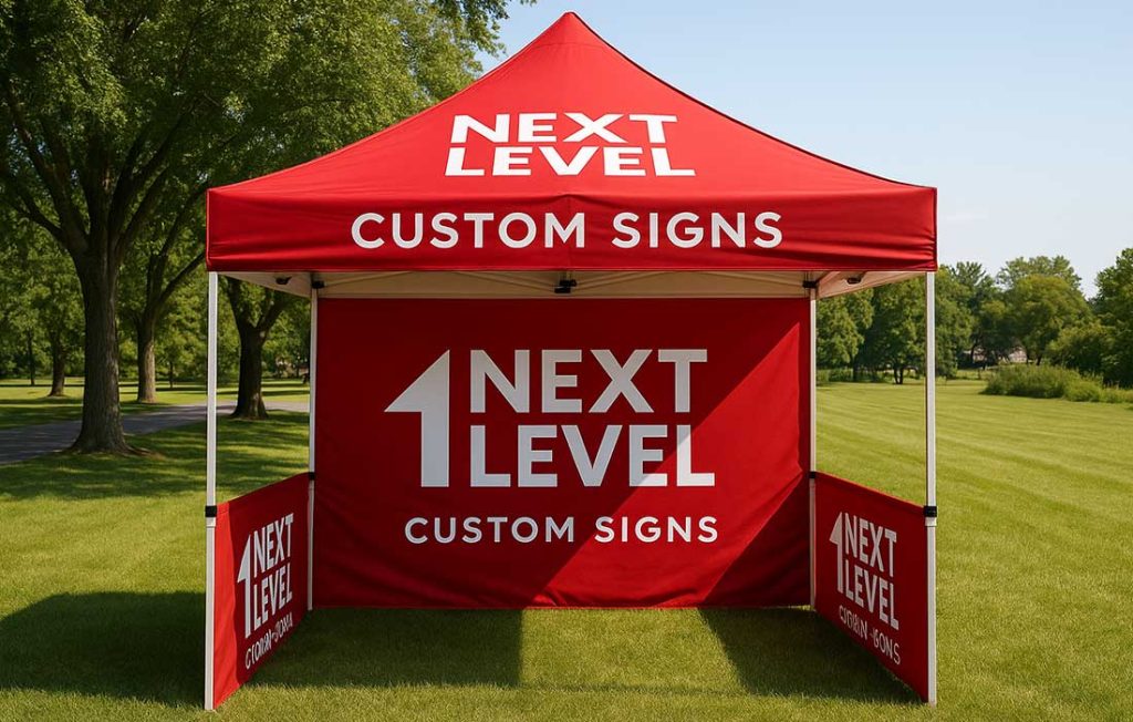 Red custom pop-up canopy tent with printed Next Level Custom Signs logo at an outdoor event under clear blue sky