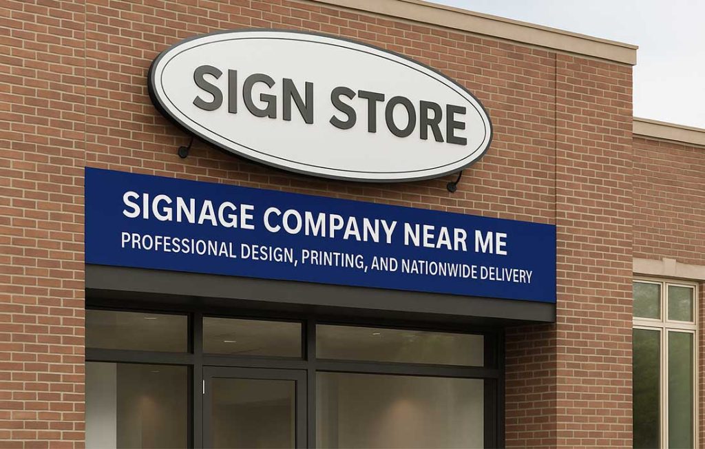 Brick building with Sign Store sign and blue banner reading Signage Company Near Me Professional Design Printing and Nationwide Delivery