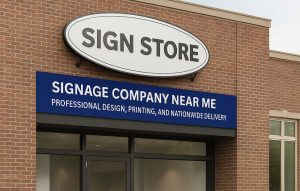 Brick building with Sign Store sign and blue banner reading Signage Company Near Me Professional Design Printing and Nationwide Delivery