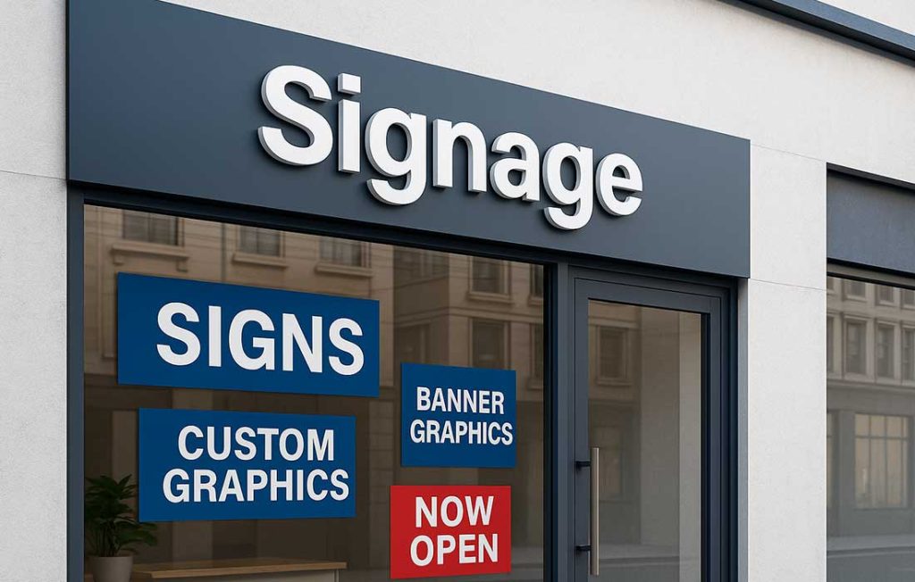 Modern signage company storefront with large printed window graphics advertising signs and banner printing under bright daylight