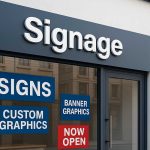 Modern signage company storefront with large printed window graphics advertising signs and banner printing under bright daylight