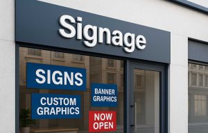 Modern signage company storefront with large printed window graphics advertising signs and banner printing under bright daylight