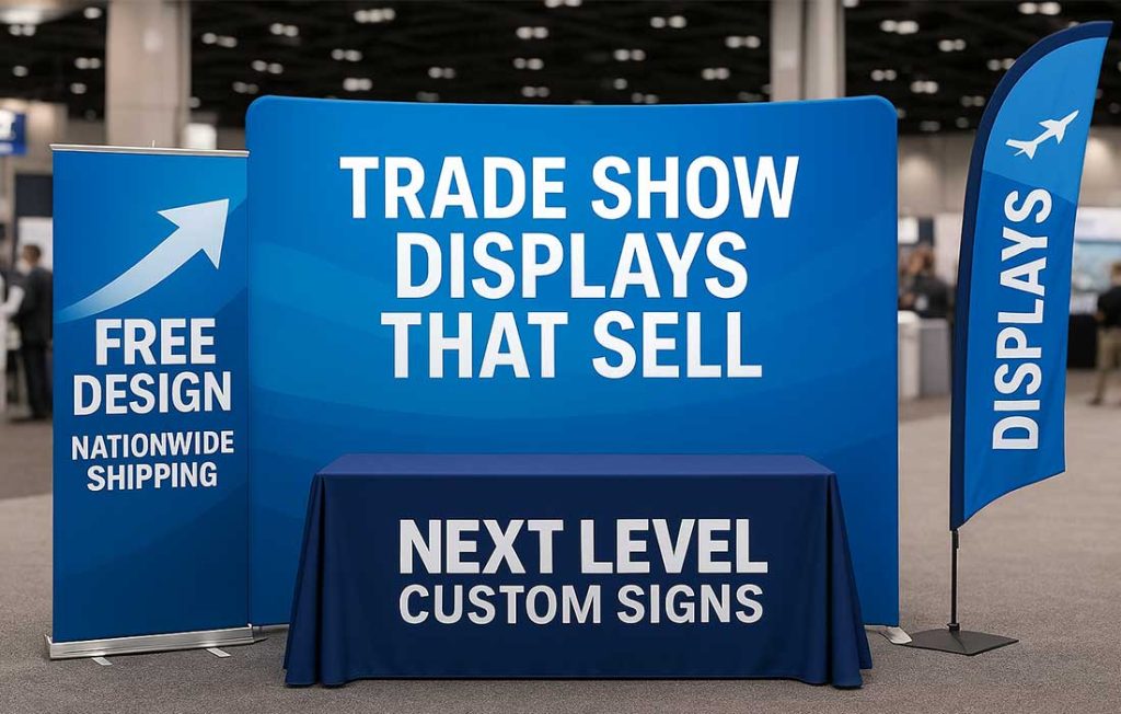 Professional trade show booth with branded backdrop, retractable banner, and table cover promoting free design and nationwide shipping